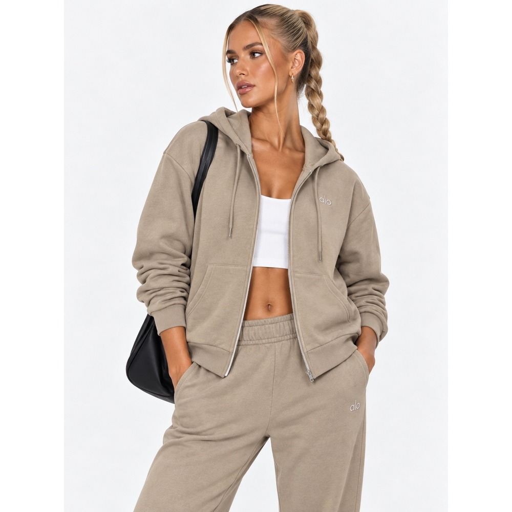 Alo Yoga Accolade Full Zip Hoodie Gravel Tan Brown S NWT New